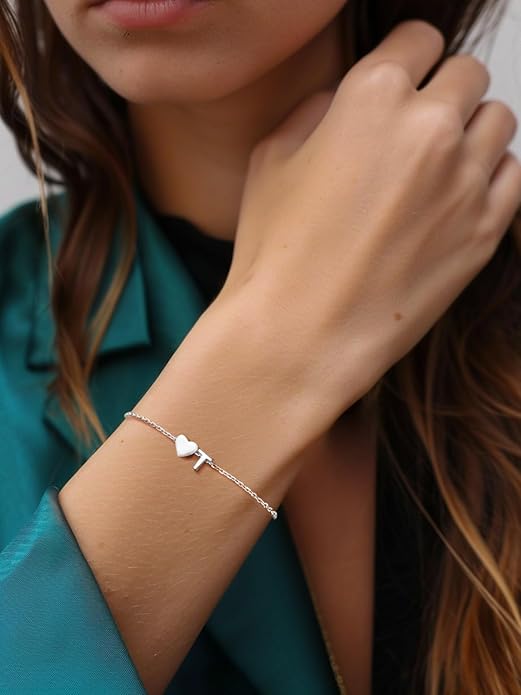 Silvora 925 Sterling Silver Dainty Initial Bracelet with Heart - 6.3" + 2" Adjustable Personalized 26 Letter Bracelet Jewelry Heart Bracelet for Women