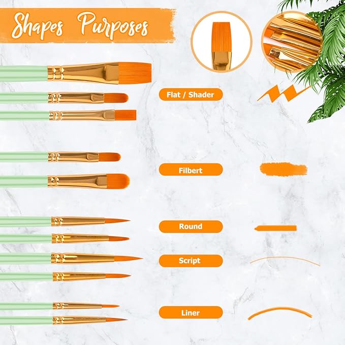 Soucolor Watercolor Paint Brushes Set, 40Pcs Round Pointed Tip Painting Supplies for Acrylic Painting Oil Watercolor Halloween Pumpkin Ceramic Crafts Supplies Rock Body Face Nail Art, Mint Green