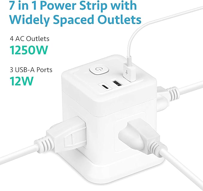 BEVA Power Strip with USB - 10ft Long Extension Cord with 4 Widely Spaced Outlets and 3 USB Ports Cube Desktop Charging Station, Overload Protection, Compact for Travel, Cruise Ship and Dorm