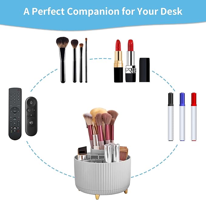 Marbrasse Desk Organizer, 360-Degree Rotating Pen Holder for Desk, Desk Organizers and Accessories with 5 Compartments Pencil Organizer, Art Supply Storage Box Caddy for Office, Home (Grey)