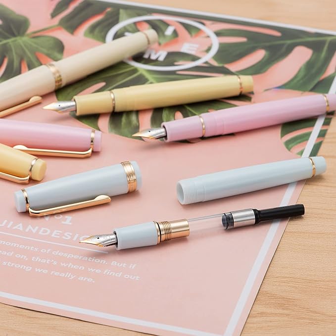Jinhao 82 Pink Acrylic Fountain Pen, Iridium Medium Nib Classic Design Smooth Writing Pen with Ink Converter (Gold Trim)