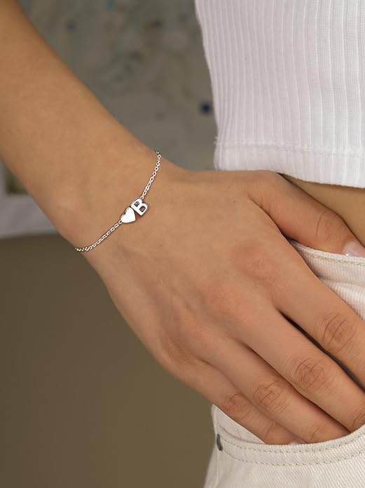 Silvora 925 Sterling Silver Dainty Initial Bracelet with Heart - 6.3" + 2" Adjustable Personalized 26 Letter Bracelet Jewelry Heart Bracelet for Women