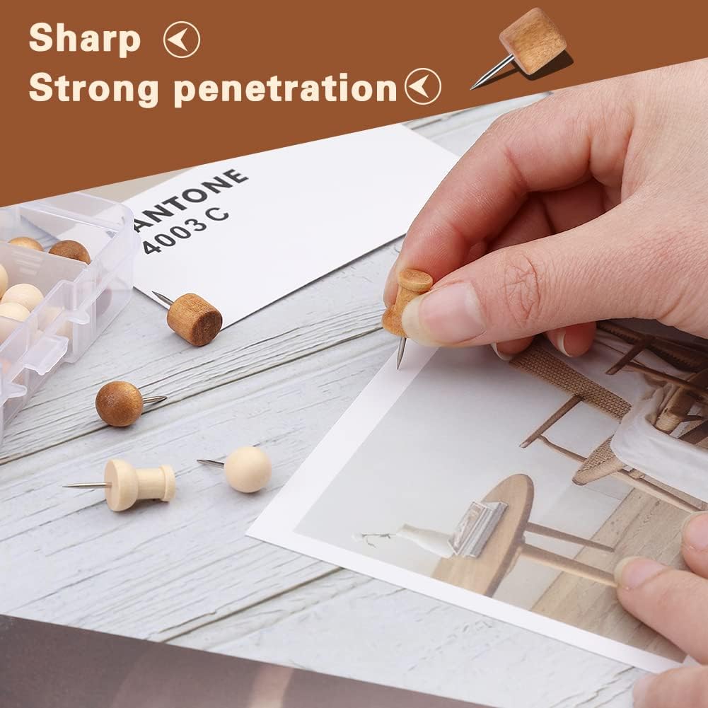 60 Pcs Wood Push Pins, 2 Colors and 5 Types Decorative Thumb Tacks Wooden Head Pin Map Tacks Marking Pin, Wood Thumb Tacks Decorative for Bulletin Boards Craft Projects with Storage Box
