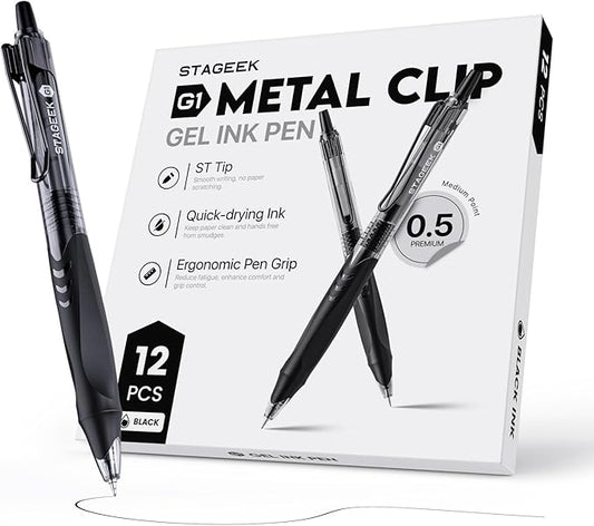 12 Pack Black Gel Pens, Quick Dry Black Ink Pens, 0.5mm Fine Point Retractable Smooth Writing Pens for Journaling, Writing, Business Gel Pen for Office School & Home Supplies(Black)