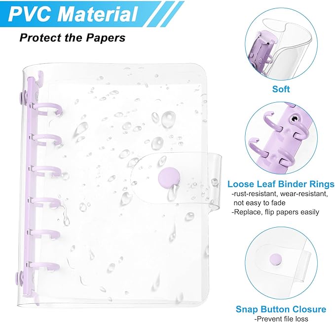 PATIKIL A7 Clear Binder Cover, Soft PVC Loose Leaf Binder Protector Refillable Notebook Shell with Snap Button Closure and 6 Rings for DIY Meeting Notebook Folder, Purple