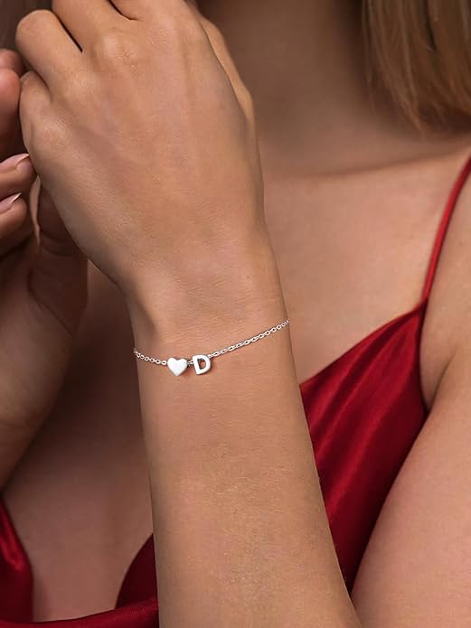 Silvora 925 Sterling Silver Dainty Initial Bracelet with Heart - 6.3" + 2" Adjustable Personalized 26 Letter Bracelet Jewelry Heart Bracelet for Women