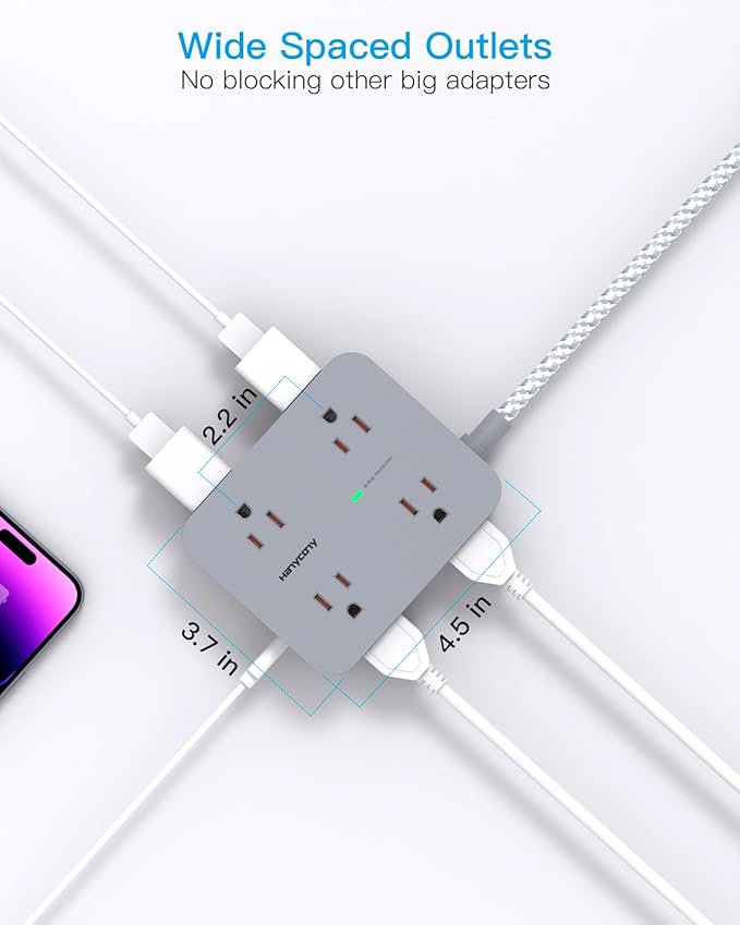 Power Strip with USB C Ports(2 USB C), 8 Outlets Surge Protector with 5 Ft Extension Cord, Flat Plug Wall Mount, Desk Charging Station for Home Office, ETL Listed Gray