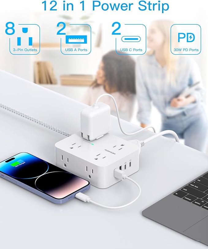 PD 30W USB C Power Strip Surge Protecor, 8 Outlets 4 USB Fast Charger (2 USB C Ports), 1080J Desk Charging Station for Multiple Devices, 6 Ft Flat Plug Extension Cord for College Dorm Room Essentials