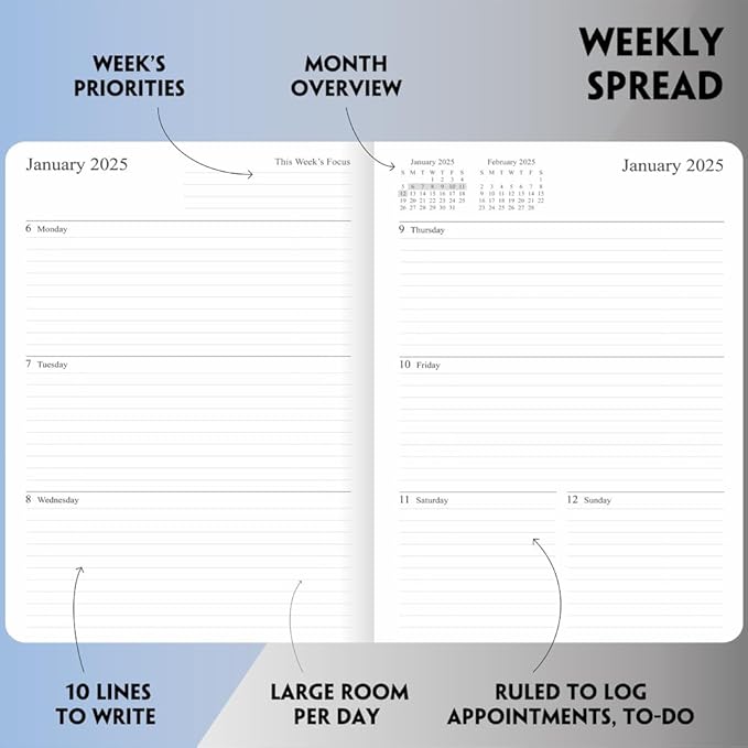 2025 Planner - Weekly and Monthly Planner Jan to Dec 2025, Vegan Leather Cover, Elastic Closure, 7”x9.25”, Purple