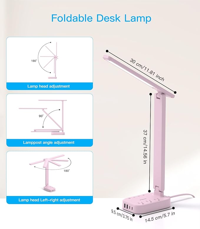 Dorm Room Essentials for Girls, Pink Power Strip with LED Desk Lamp, 3 Outlets 4 USB Ports, 4 Modes 5 Level Touch Lamp Small Desk Lamp for Home Office Bedroom Study Reading Light, 5ft Extension Cord