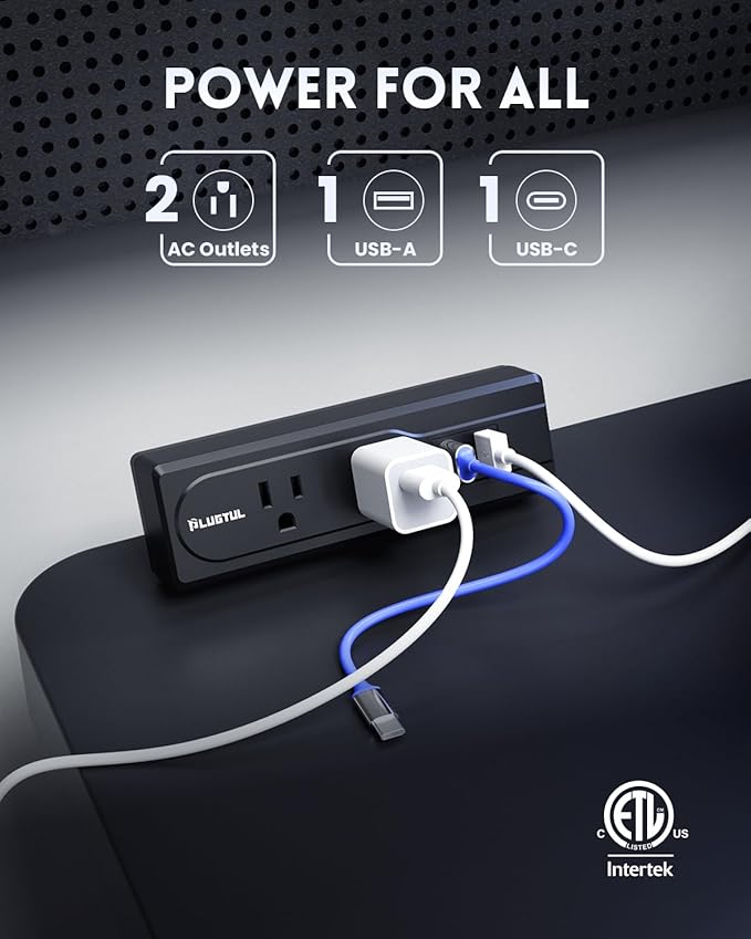 Desk Clamp Power Strip, 10FT Outlet Station with 2 Outlets, PD 20W Fast Charging, Flat Plug, 16 Gauge, Black Power Strip with USB C, Fit 1.72" Tabletop Edge
