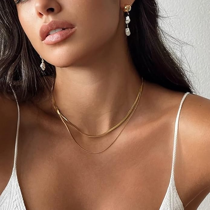 Herringbone Necklace for Women,Dainty Gold Necklace,14k Gold Plated Snake,Gold Chain Choker Necklaces,Simple Gold Layered Necklaces,Gold Jewelry Gift for Women