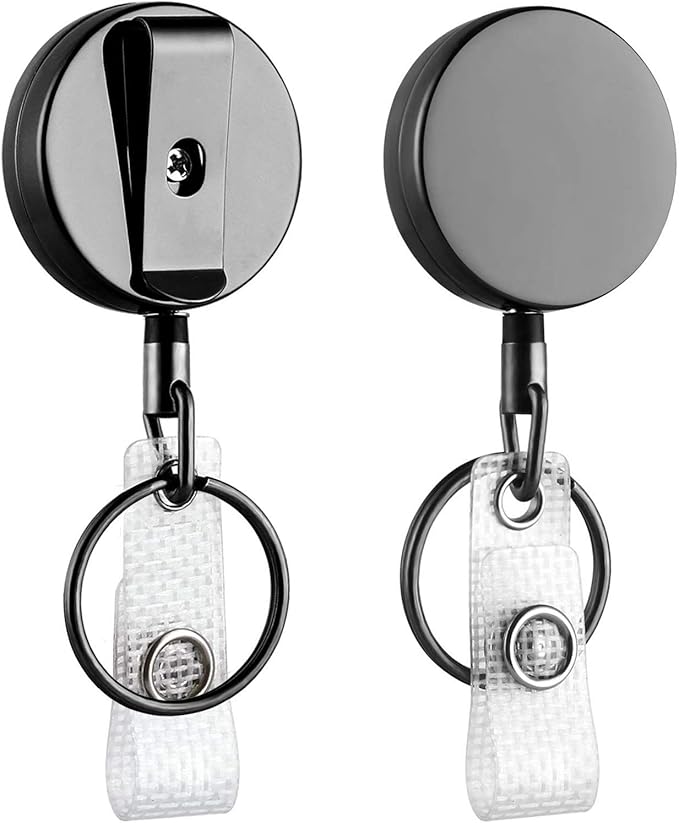 Will Well ID Badge Holder Reel with Clip and Keyring - Heavy-Duty All-Metal Casing with 24.4" UHMWPE Fiber Pull Cord for Easy Access, Holds up to 8 Keys - 2-Pack, Small Round, Glossy Black