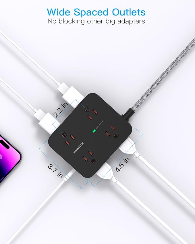 Extension Cord 6 Feet, Surge Protector Power Strip Long Cord with 8 Outlets 4 USB Ports(2 USB C), Wall Mount, 1080J Surge Protection, Desk Charging Station for for Home, Office, Dorm Room Essentials