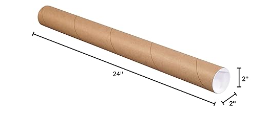 BOX USA BP2024K Mailing Tubes with Caps, 2" x 24", Kraft (Pack of 50)