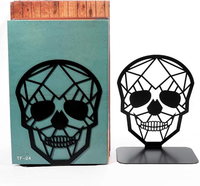 Metal Skull Design Black Bookend - Heavy-Duty Bookends for Shelves, Skull Book Ends for Heavy Books, Book Shelf Holder Home Office Decorative Desktop Organizer (2 Pair)