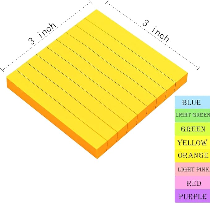 8 Pads Lined Sticky Notes 3x3 in Post, 8 Colors Self Sticky Notes Pad Its, Bright Colorful Square Sticky Notes for Office, Home, School, Meeting, 82 Sheets/pad