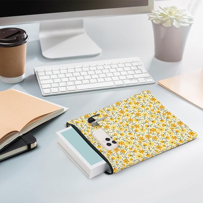 Yellow Wildflowers Pattern Book Lovers Gifts Waterproof Book Sleeve Book Pouch Book Protector with Zipper and Front Pocket BookCover Case for Women Best Friend Sister Book Accessories Book Club Gifts