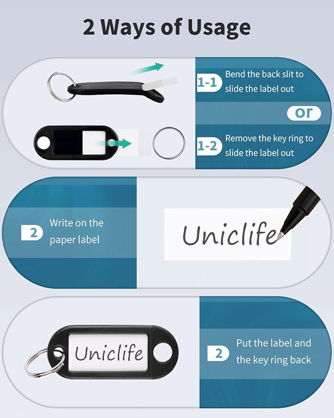 Uniclife 10 Pieces Key Tags 2 Inch Soft Plastic Key Chain Tags with Blank Paper Labels Clear Windows Protective Films and Split Rings Flexible Item Identifiers, Black