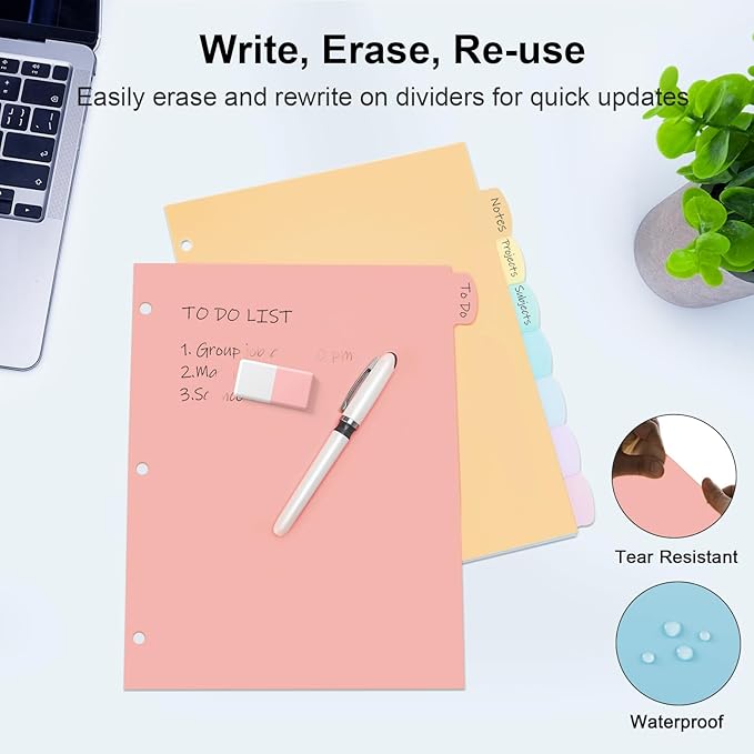 48 Count/6 Sets Write & Erase Binder Dividers with Tabs, Durable Plastic 8 Tab Dividers for 3 Ring Binder Letter Size, Separators for Student School Home Office Document Organizer, Pastel