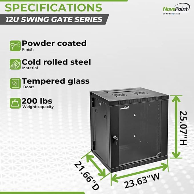 NavePoint 12U Server Cabinet with Hinged Back - 21.6” Deep, 12U Server Rack Enclosure with Locking Glass Door, Wall Mount Rack with Removable Side Panels, 12U Network Cabinet with 2 Fans, Assembled