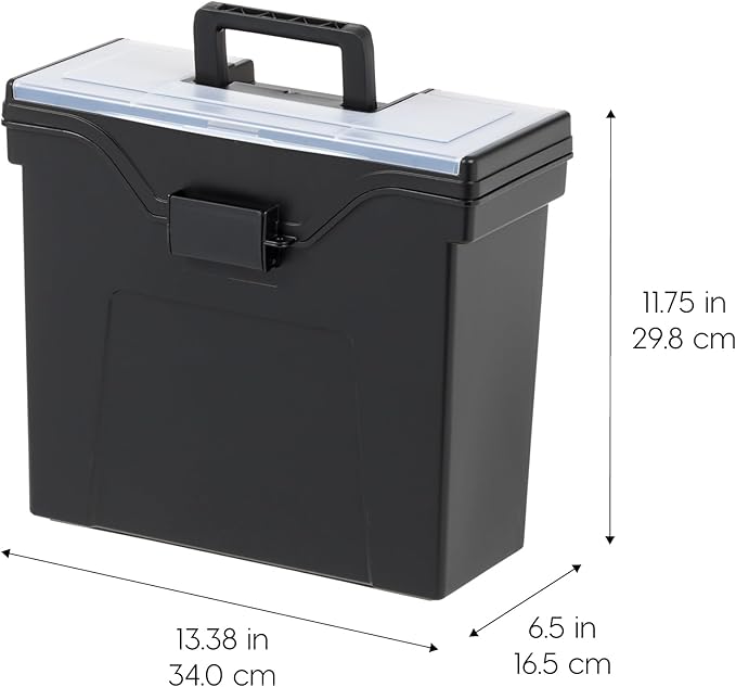 IRIS USA File Box Slim with Lid File Organizer for Letter File w/ Organizer-Lid, Water Resistant Document Box, Plastic Mobile Filing Organizer, Secure Buckle, Portable Handle, Lockable, Black 4 Pack
