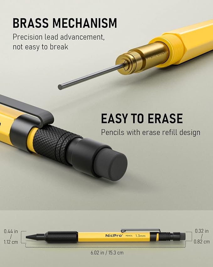 Nicpro 17PCS 1.3 mm Mechanical Pencil Set in Leather Bag with 90 Lead Refill,3 Eraser,12 Eraser Refills- Weatherproof Metal Barrel,Heavy Duty Carpenter Pencil for Outdoor Marking Drawing Woodworking