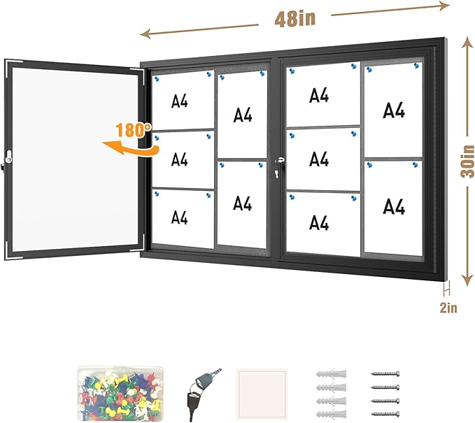 48"x30" Enclosed Bulletin Board, Outdoor Lockable Weather-Resistant Aluminum Cork Noticeboard for School & Office, Black Frame w/Grey Flet