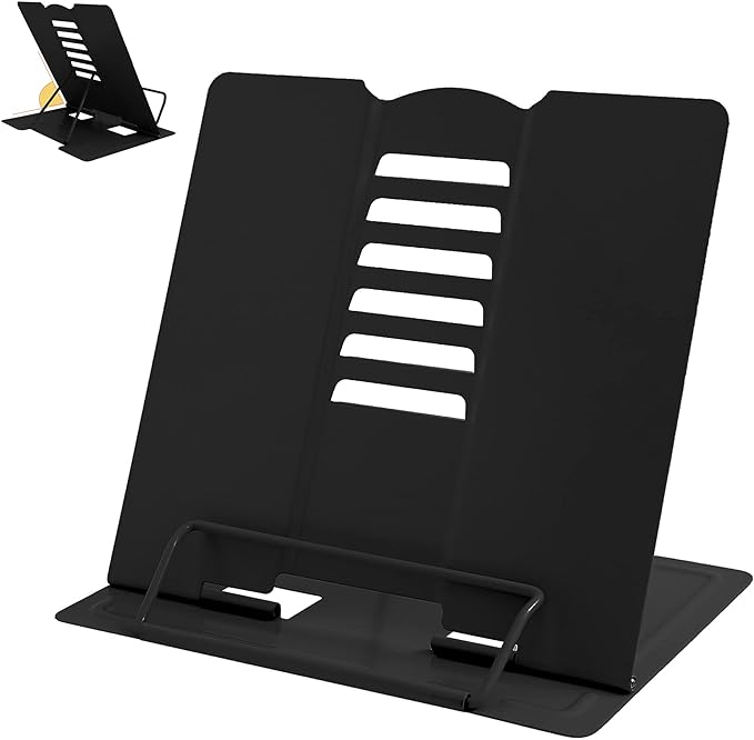 Metal Book Stand - Adjustable Book Holder for Reading (Full Black)