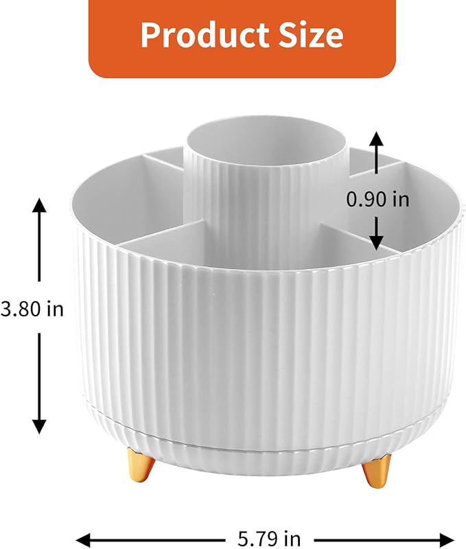Desk Pen Holder, 5-Slot 360 Rotating Pencil & Pen Organizer - Desktop Storage Stationery Supplies Organizer, Cute Pencil Cup Pot for Office, School, Home, Art Supply, White