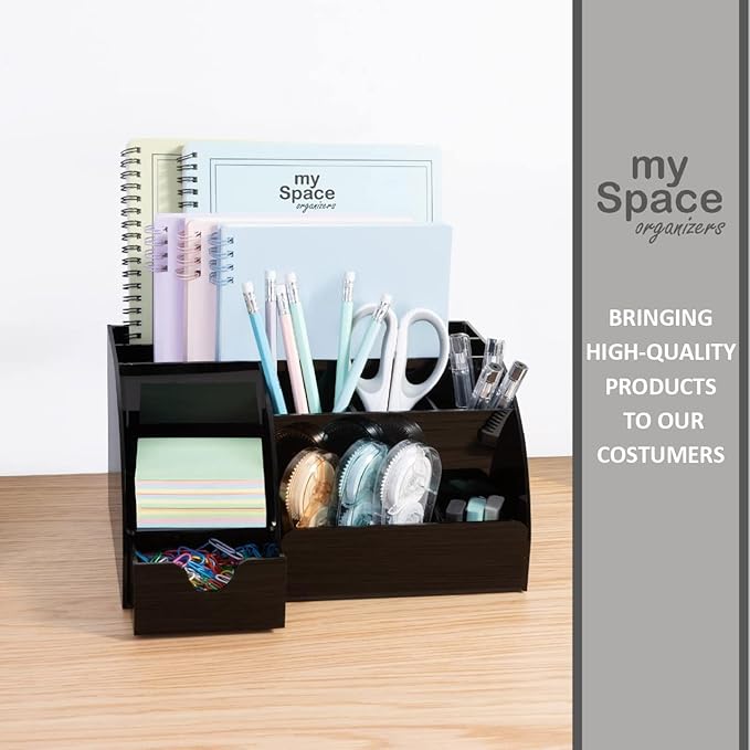 Black Desk Organizer with 9 Compartments - Desktop Office Supplies and Desk Accessories Organizer