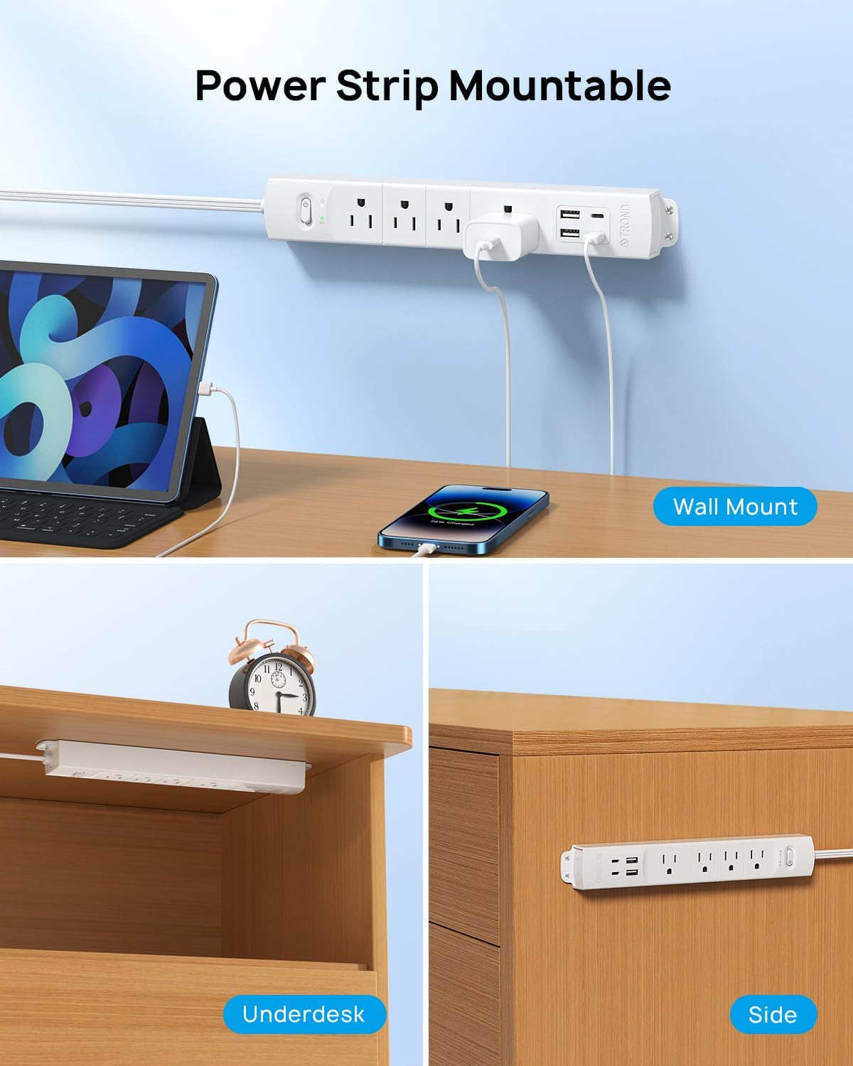 TROND Flat Plug Power Strip USB-10ft Flat Extension Cord Surge Protector Wall Mount, 2 USB C & 2 USB A Ports with Multiple Outlets, 1440J, 1625W for Office Supplies Dorm Room Essentials, White