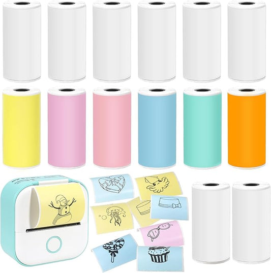 14 Rolls 53mmx28mm Thermal Printer Paper, Mini Colorful Self-adhesive Label Printer Paper for Phomemo Memoking Mini Printer, Small Printer T02/M02, Study Notes, Journal Photos (Multicolor)