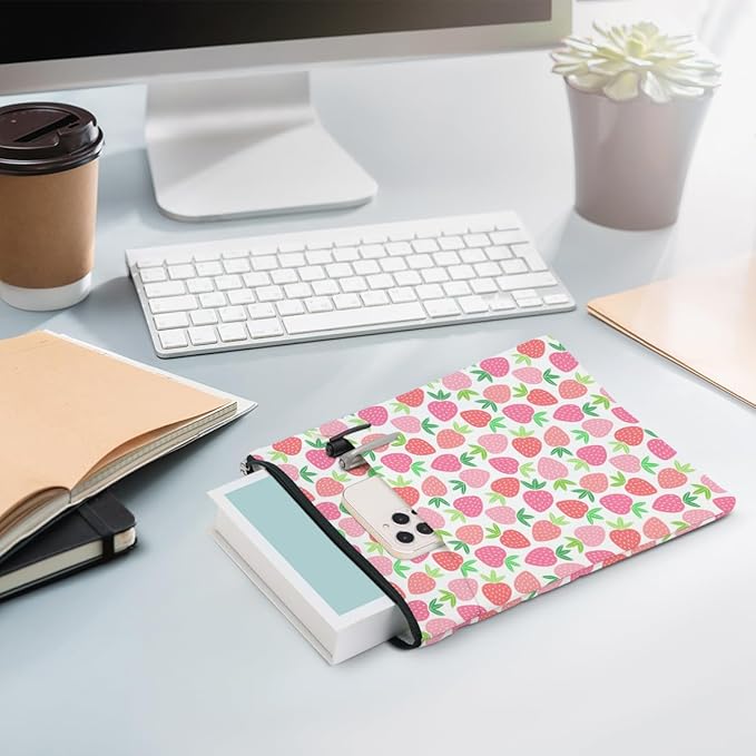 Strawberry Pattern Book Lovers Gifts Waterproof Book Sleeve Book Pouch Book Protector with Zipper and Front Pocket BookCover Case for Women Girl Sister Bestie Book Accessories Book Club Gifts