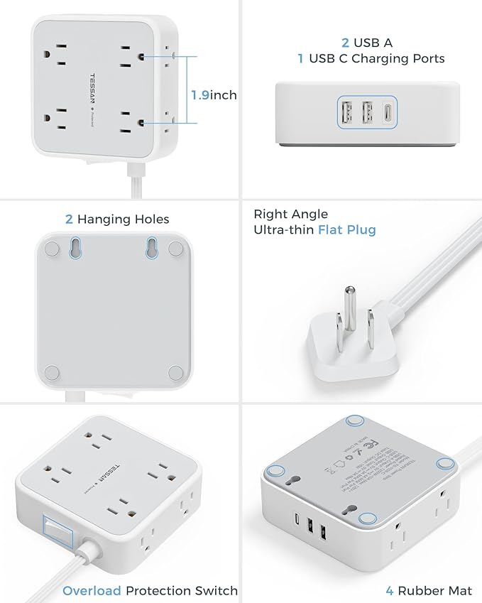 Power Strip Surge Protector 10 Ft Cord, 8 AC Outlets, 3 USB Charger(1 USB C Port), Ultra Thin Extension Cord, Flat Plug, 900 Joules Protection, Desk Charging Station for Home, Office Essentials
