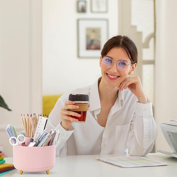 SKYDUE 360 Degree Rotating Desk Organizer, Dual-Purpose Pencil Pen Holder for Desk, Cute Rotating Desk Pen Organizer with 5 Slots, Pencil Cup for Office, School, Home Pink