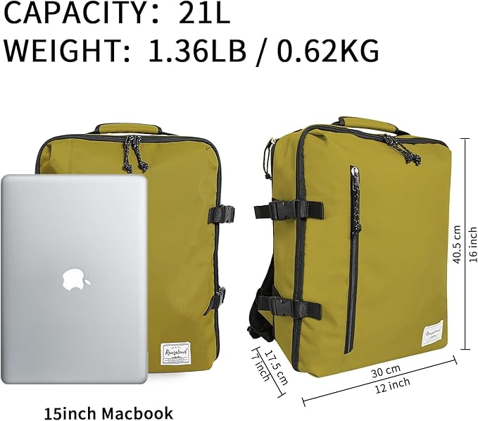Travel Backpack 21L Minimalist Casual Small Carry-on Daypack 15-inch Laptop Notebook, Overnight Weekender Dark Yellow Mustard