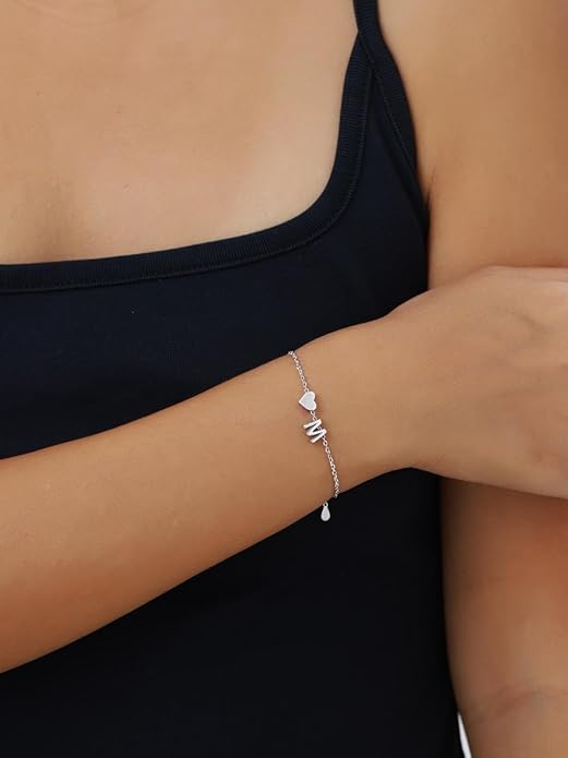 Silvora 925 Sterling Silver Dainty Initial Bracelet with Heart - 6.3" + 2" Adjustable Personalized 26 Letter Bracelet Jewelry Heart Bracelet for Women
