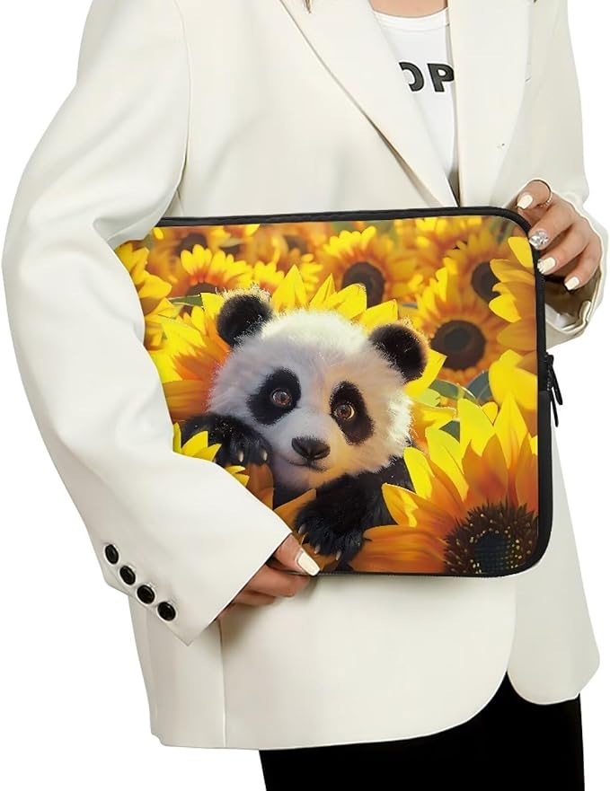 Sunflower Panda Printed Laptop Briefcase for Women Men, Waterproof Laptop Case Bag Laptop Case for 12 Inch, Lightweight Computer Carrying Cover with Zipper for Office Business Traveling