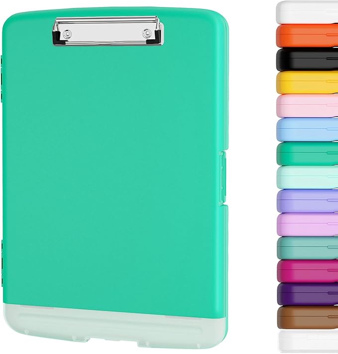 Piasoenc Clipboard with Storage, 8.5 x 11 Organization Box with Pen Holder and A4 Legal Paper Folder, Heavy Duty Plastic, Folio & Side-Opening, Low Profile Clip for Nurses, Teachers, Green