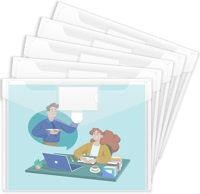 Sooez 5 Pack Plastic Envelopes Poly Envelopes, Clear Document Folders US Letter A4 Size File Envelopes with Label Pocket for School Home Work Office Organization, Clear