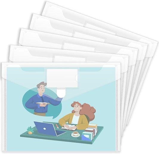 Sooez 5 Pack Plastic Envelopes Poly Envelopes, Clear Document Folders US Letter A4 Size File Envelopes with Label Pocket for School Home Work Office Organization, Clear