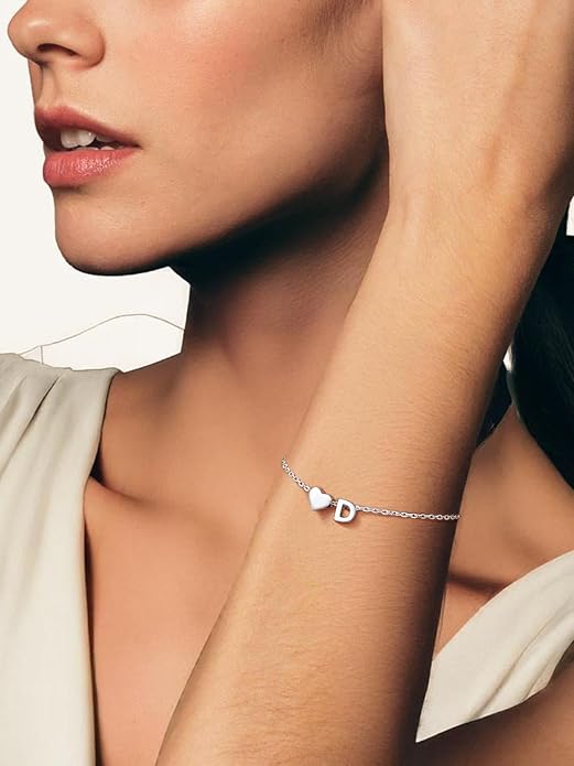 Silvora 925 Sterling Silver Dainty Initial Bracelet with Heart - 6.3" + 2" Adjustable Personalized 26 Letter Bracelet Jewelry Heart Bracelet for Women
