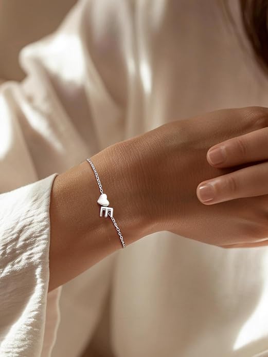 Silvora 925 Sterling Silver Dainty Initial Bracelet with Heart - 6.3" + 2" Adjustable Personalized 26 Letter Bracelet Jewelry Heart Bracelet for Women