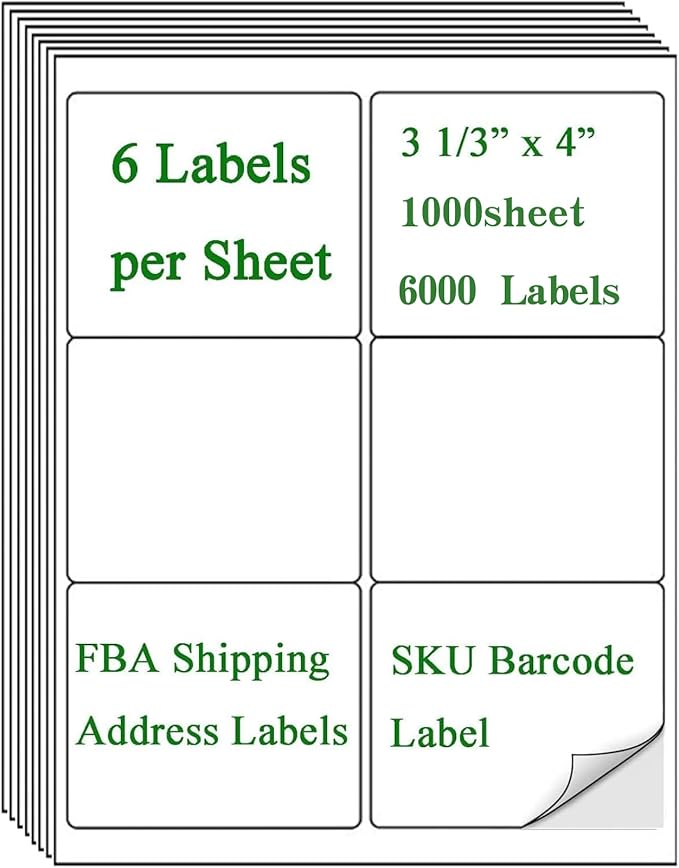 6 Up Shipping Address Labels, 3.33" X 4" (8164/5164) FBA SKU Barcode Label for Inkjet/Laser Printer (1000 Sheet -6000 Labels)