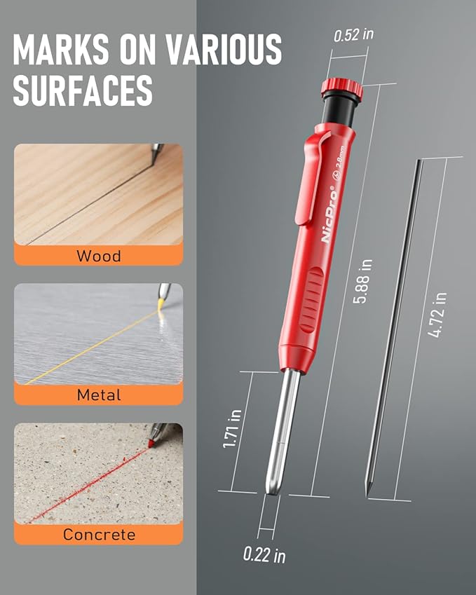 Nicpro Carpenter Pencil with Sharpener, Mechanical Carpenter Pencil Set with 13 Refill, Construction Pencils Heavy Duty Woodworking Pencil for Architect (Black, Red, Yellow)-With Case