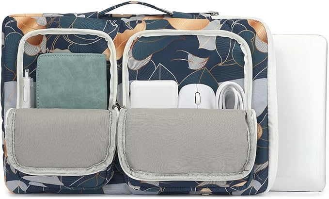 canvaslife 360° Protective Laptop Sleeve Case Bag with 3 Pockets for 14 inch Dell HP Lenovo Laptop and MacBook Pro 14 inch,Surface Laptop 14.4 inch (Blue leaf)