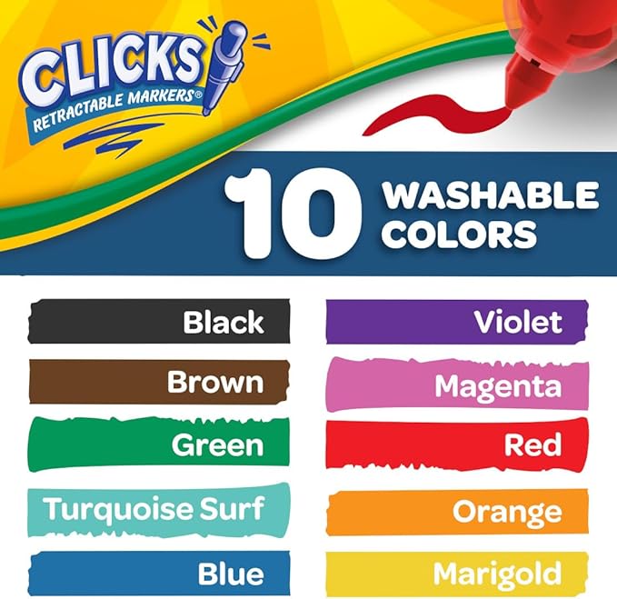 Crayola Clicks Retractable Tip Markers (10ct), Easter Basket Essentials, Cone Tip, Washable Art Marker Set for Kids, Long Lasting Coloring Supplies, 3+