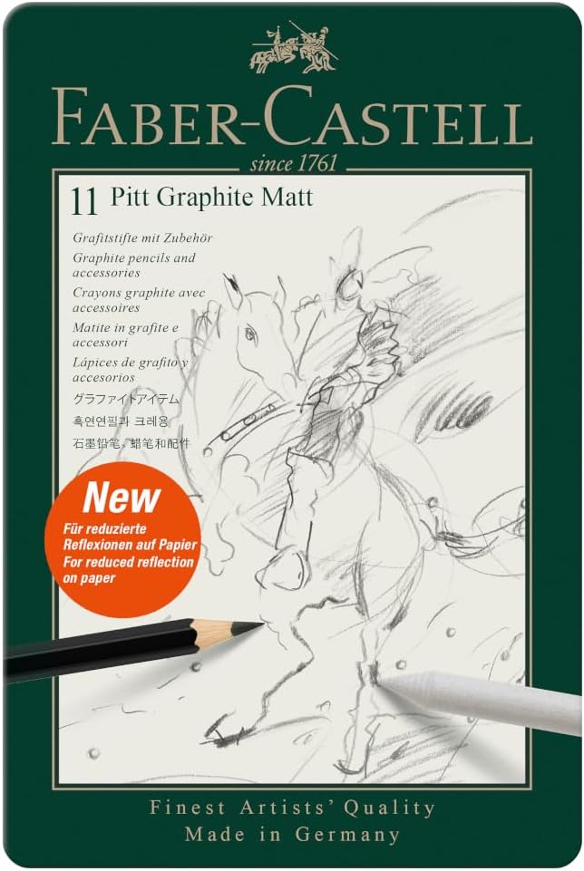 Faber-Castell Pitt Graphite Matte Pencil Set, Metal Tin of 8 Graphite Pencils and Sketching Accessories (HB, 2B, 4B, 6B, 8B, 10B, 12B, 14B), Pencil Sharpener, Eraser and Blending Stump