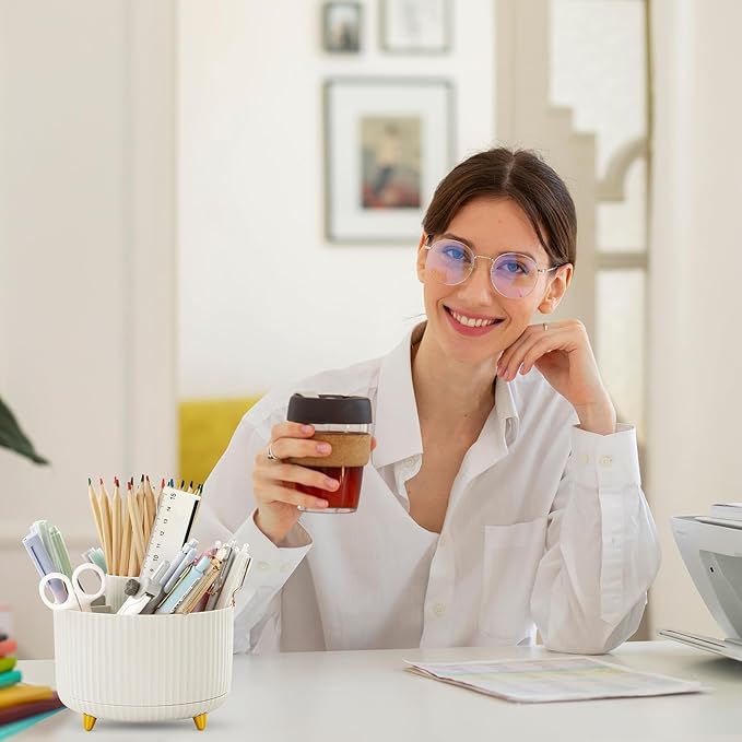 SKYDUE 360 Degree Rotating Desk Organizer, Dual-Purpose Pencil Pen Holder for Desk, Rotating Desk Pen Organizer with 5 Slots, Pencil Cup for Office, School, Home Beige